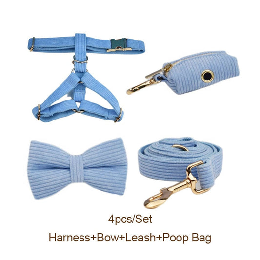 Blue Corduroy Dog Collar And Leash With Custom Engraved Nameplate GROOMY