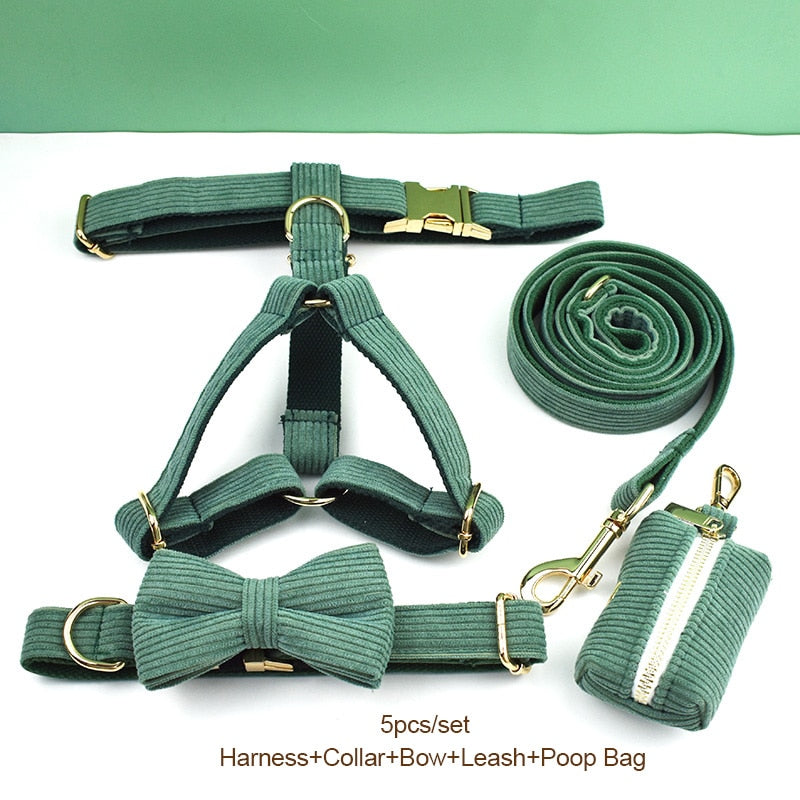Dark Green Corduroy Dog Collar And Leash Set With Engraved Nameplate GROOMY