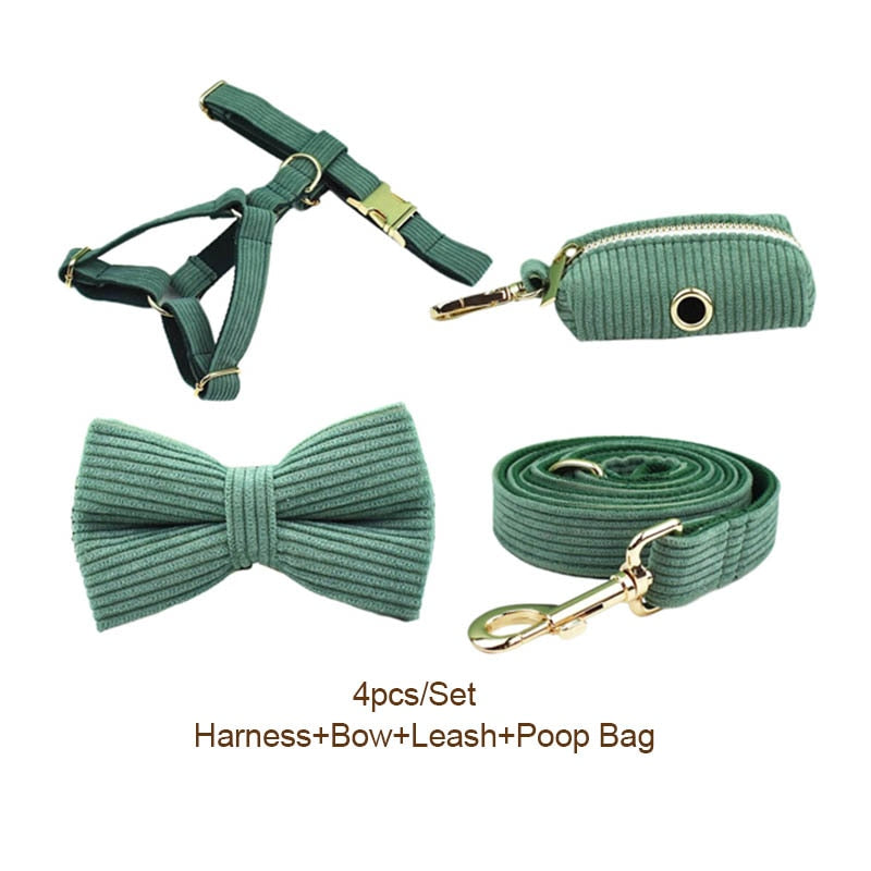 Dark Green Corduroy Dog Collar And Leash Set With Engraved Nameplate GROOMY