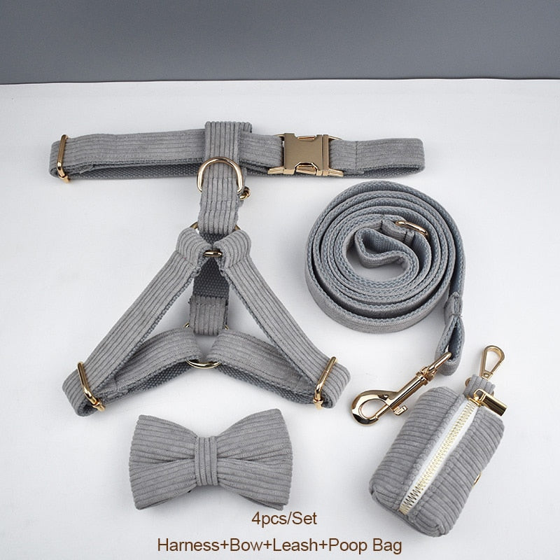 Light Grey Corduroy Dog Collar And Leash With Custom Engraved Nameplate GROOMY