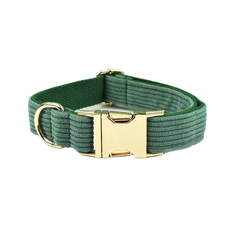 Dark Green Corduroy Dog Collar And Leash Set With Engraved Nameplate GROOMY