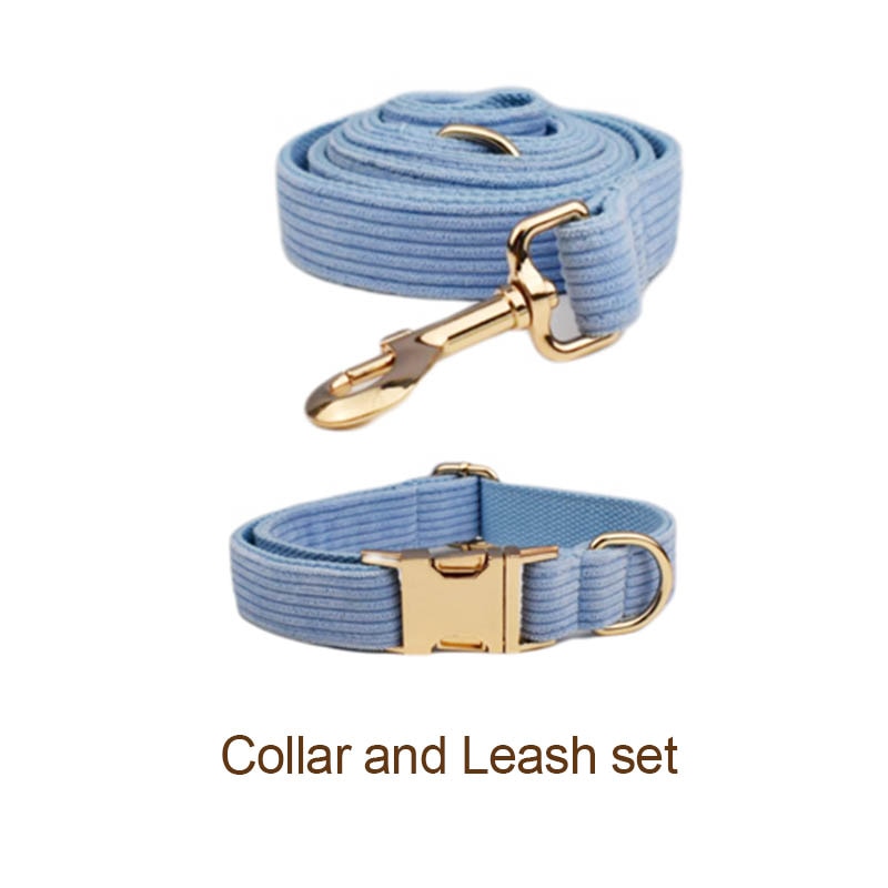 Blue Corduroy Dog Collar And Leash With Custom Engraved Nameplate GROOMY