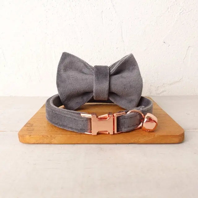 Velvet Cat Collar w/ Bowtie - Engrave Your Pet's ID GROOMY