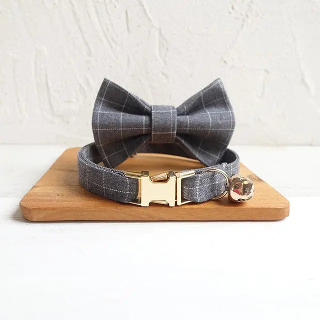 Velvet Pattern Cat Collar w/ Bowtie - Engrave Your Pet's ID GROOMY